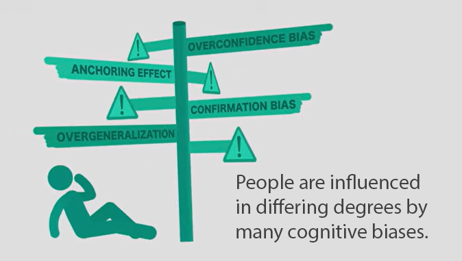 People are influenced in differing degrees by many cognitive biases, such as: overconfidence bias, anchoring effect, confirmation bias, overgeneralization, and more.