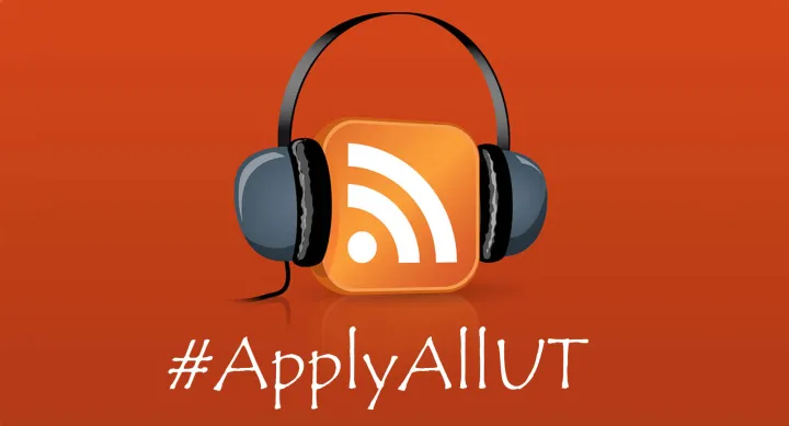 Apply All Podcast logo featuring RSS icon and headphones. Includes hashtag #ApplyAllUT